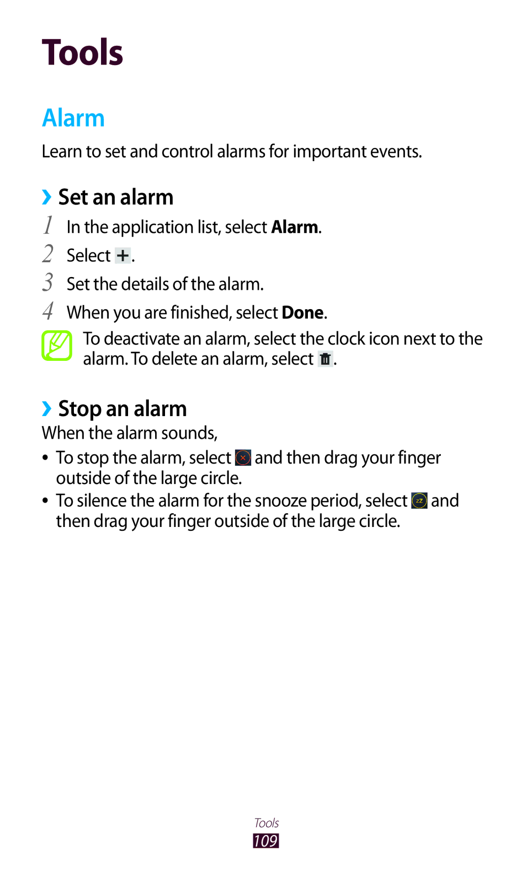 Samsung GT-P3100 user manual Alarm, ››Set an alarm, ››Stop an alarm, Learn to set and control alarms for important events 