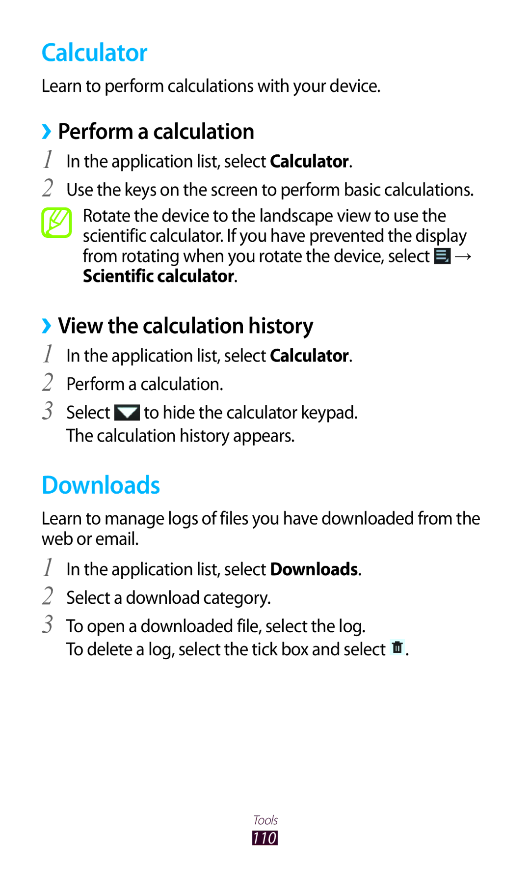 Samsung GT-P3100 user manual Calculator, Downloads, ››Perform a calculation, ››View the calculation history 