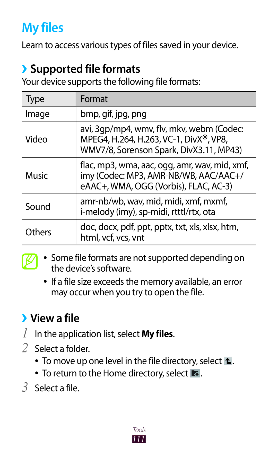 Samsung GT-P3100 user manual My files, ››Supported file formats, ››View a file 