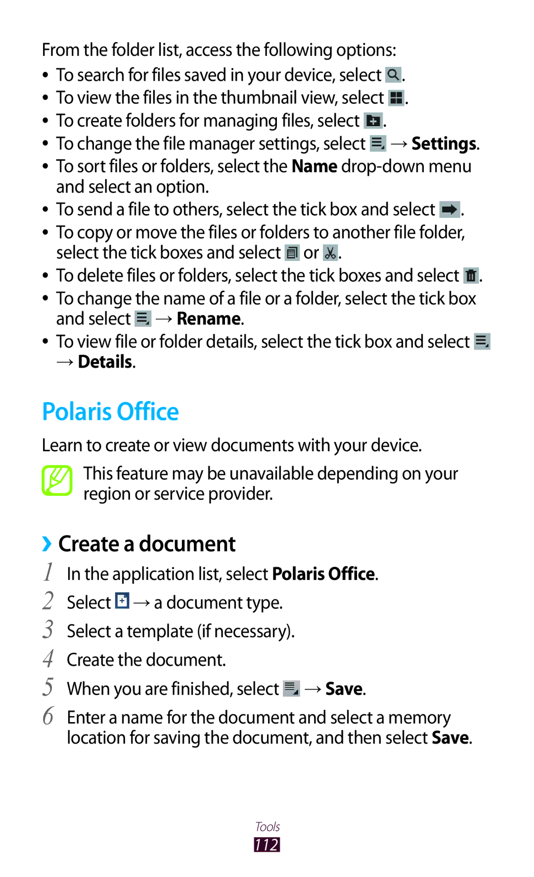 Samsung GT-P3100 user manual Polaris Office, Create a document, → Details 