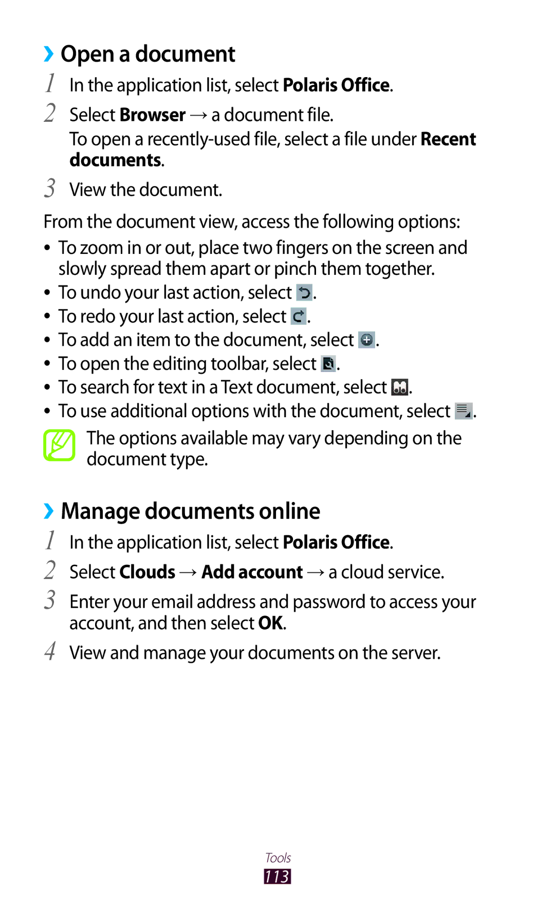 Samsung GT-P3100 user manual ››Open a document, ››Manage documents online 