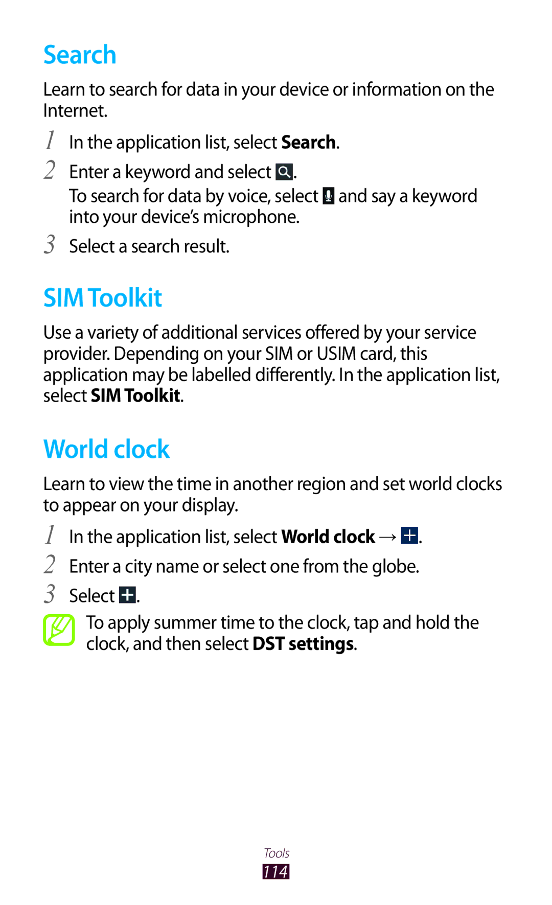 Samsung GT-P3100 user manual Search, SIM Toolkit, World clock 