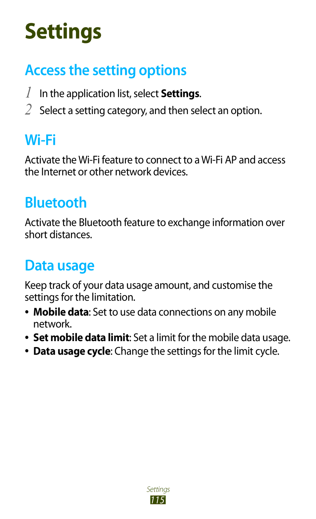 Samsung GT-P3100 user manual Access the setting options, Data usage cycle Change the settings for the limit cycle 