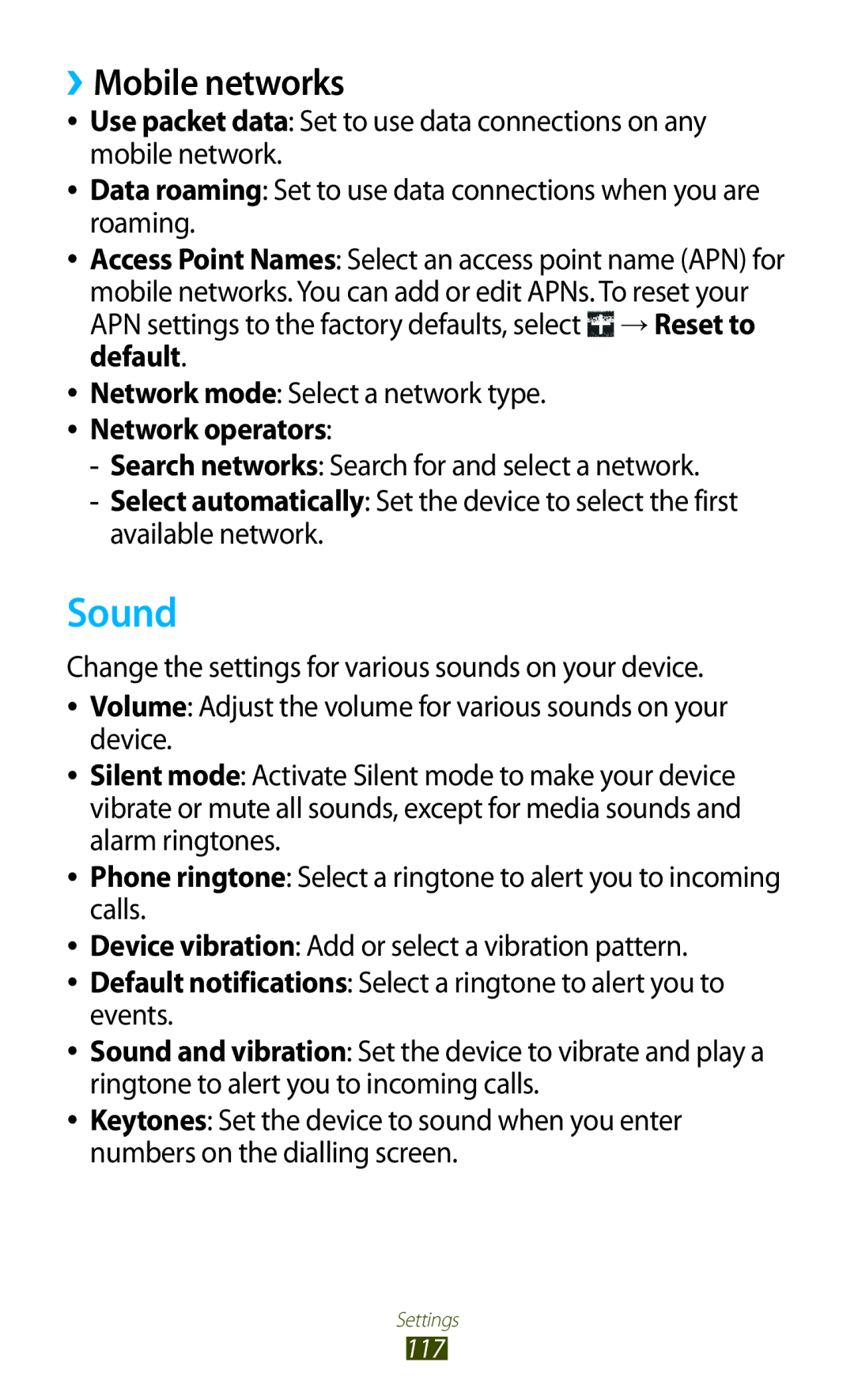 Samsung GT-P3100 user manual Sound, ››Mobile networks 