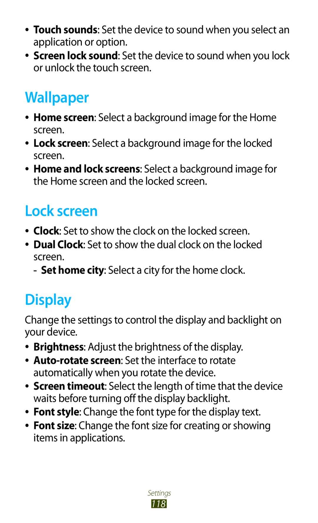 Samsung GT-P3100 user manual Wallpaper, Lock screen, Display 