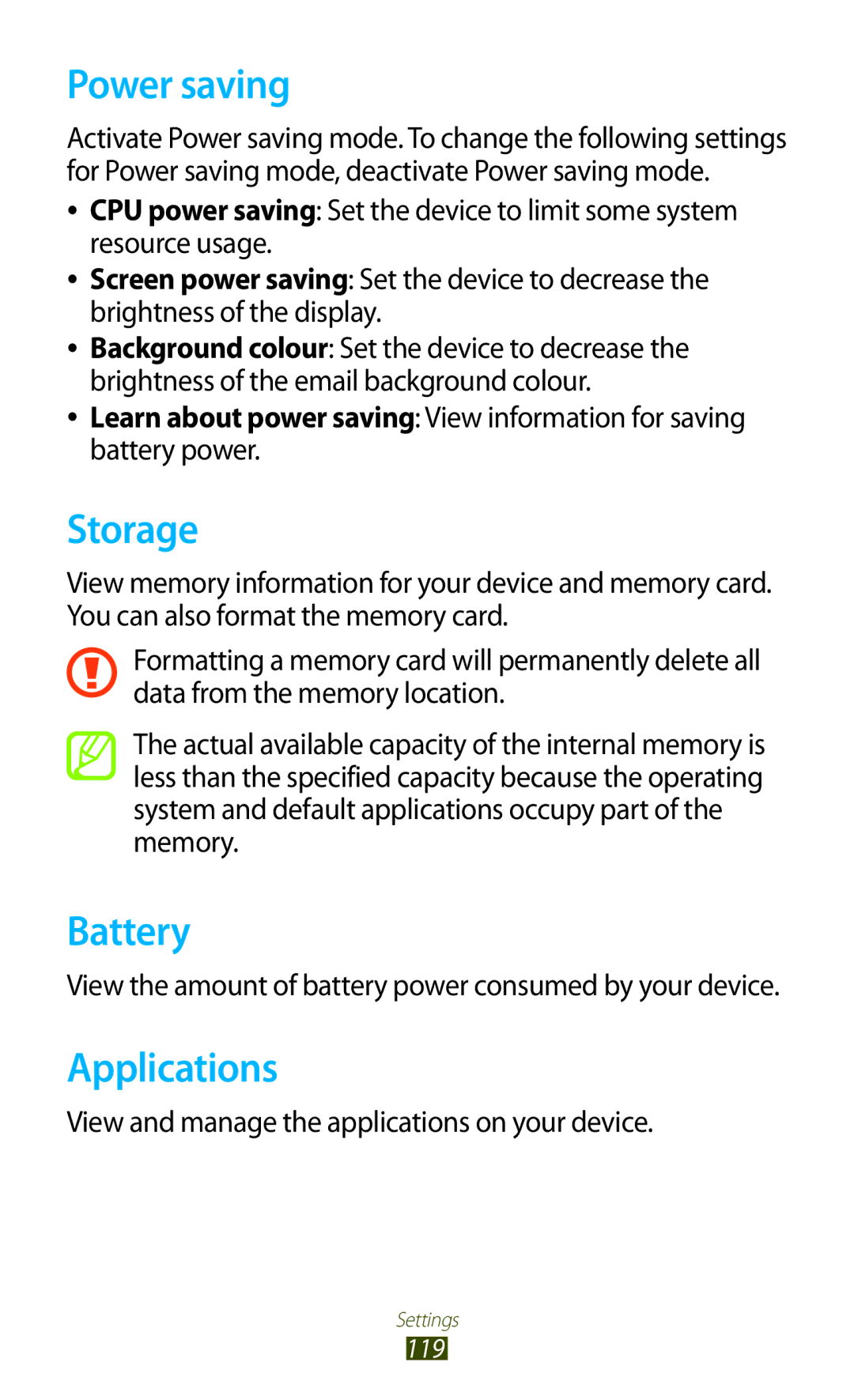 Samsung GT-P3100 user manual Power saving, Storage, Battery, Applications 