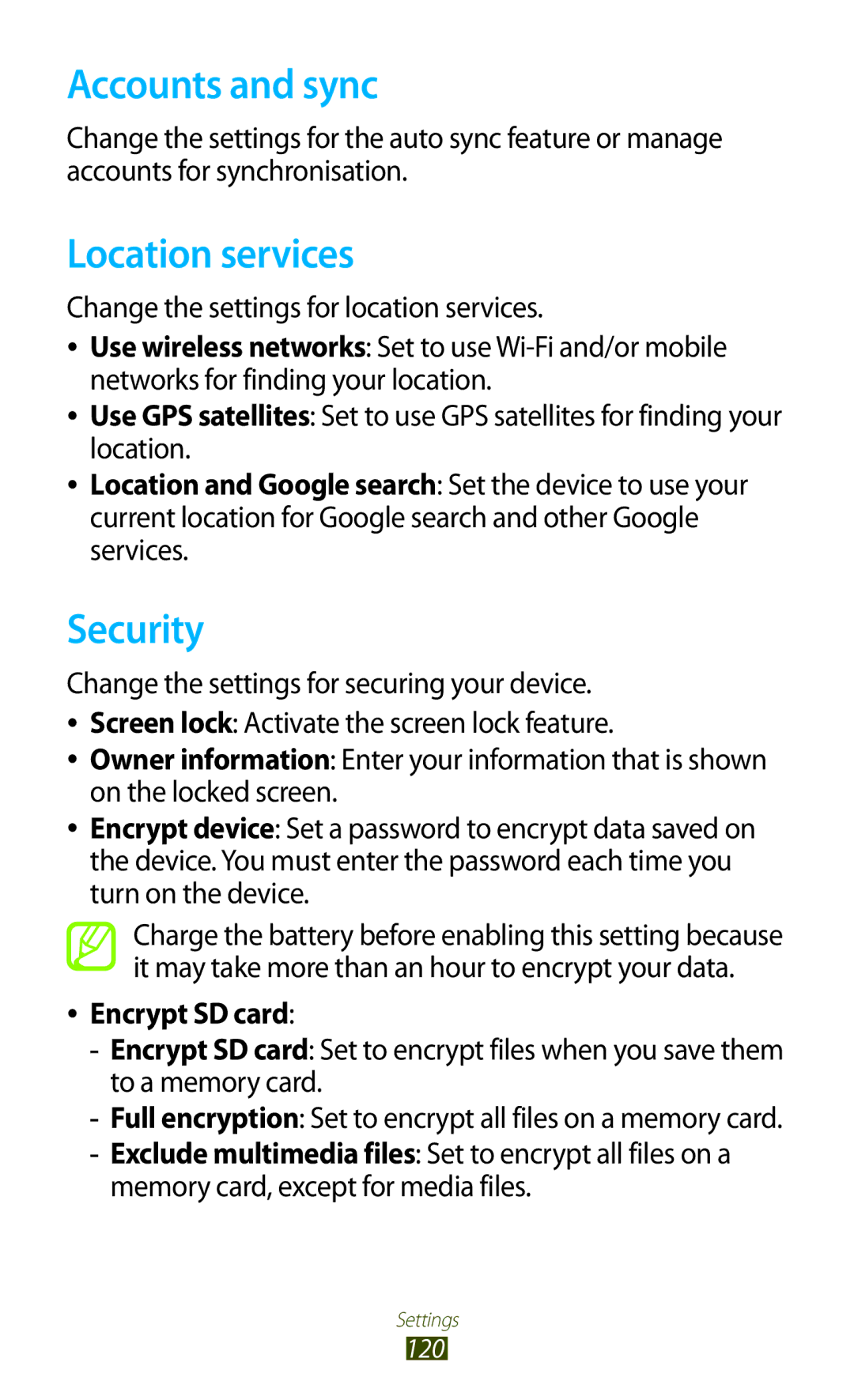 Samsung GT-P3100 user manual Accounts and sync, Location services, Security, Change the settings for location services 