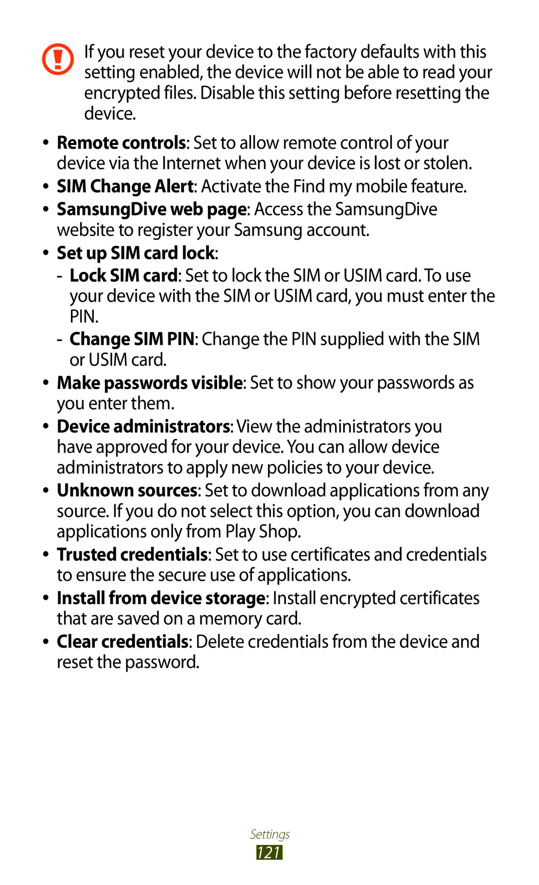 Samsung GT-P3100 user manual SIM Change Alert Activate the Find my mobile feature, Set up SIM card lock 