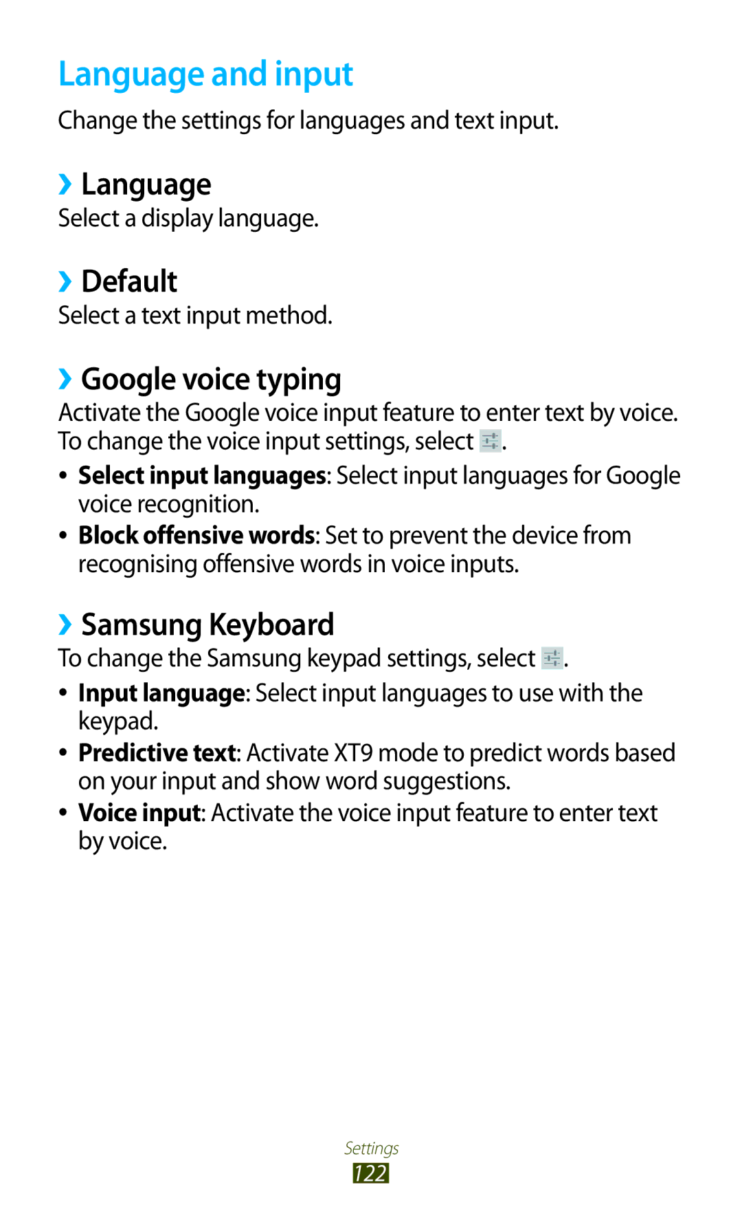 Samsung GT-P3100 user manual Language and input, ››Language, ››Default, ››Google voice typing, ››Samsung Keyboard 