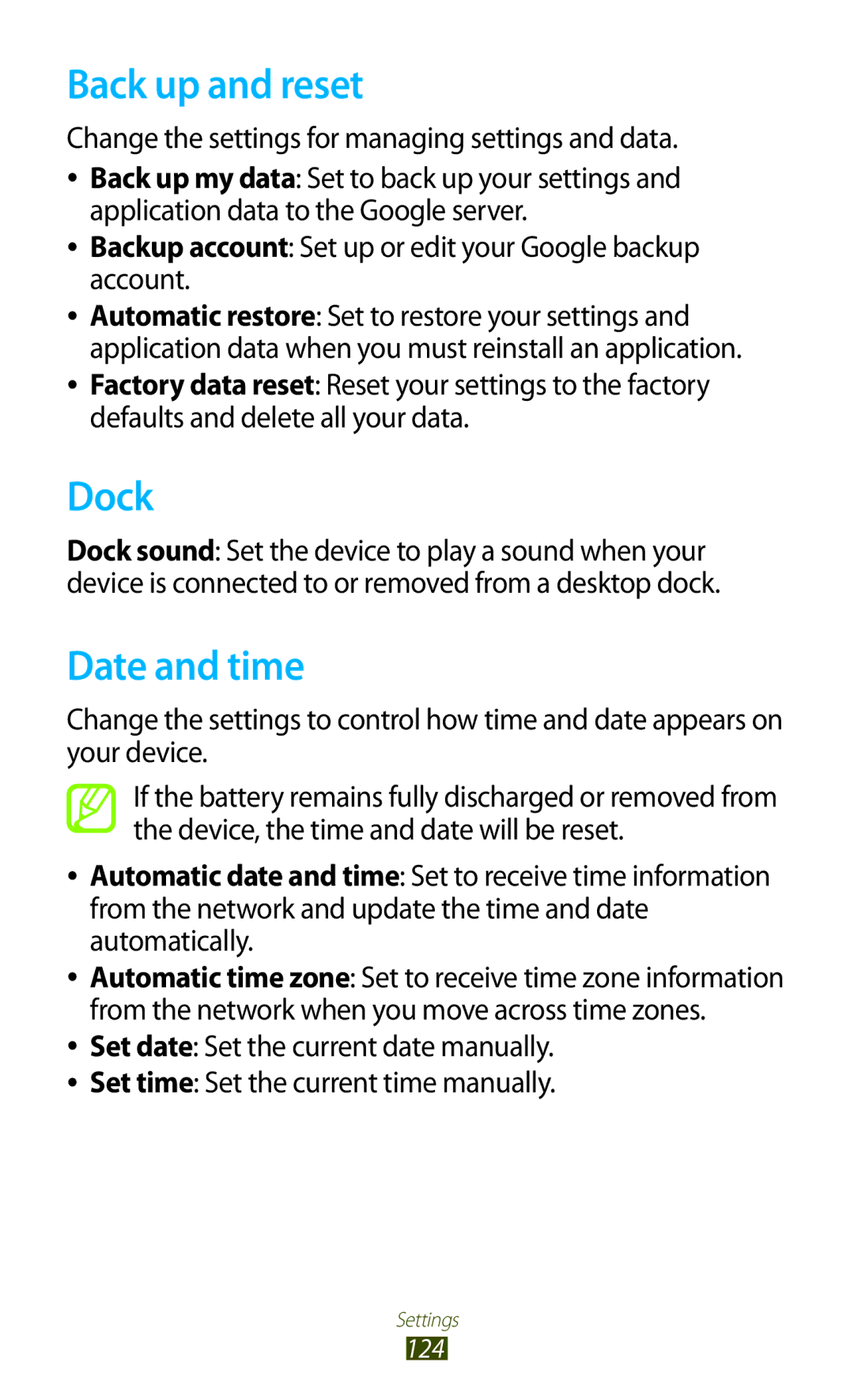 Samsung GT-P3100 user manual Back up and reset, Dock, Date and time, Change the settings for managing settings and data 