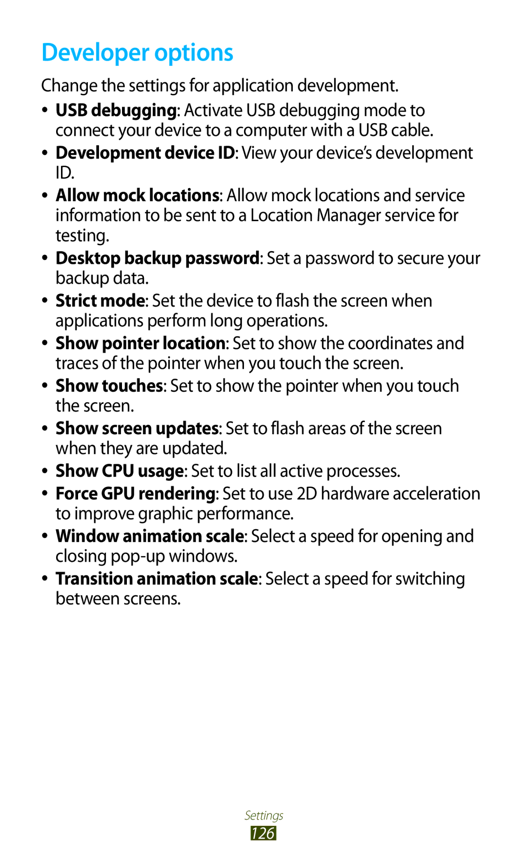 Samsung GT-P3100 user manual Developer options, Change the settings for application development 