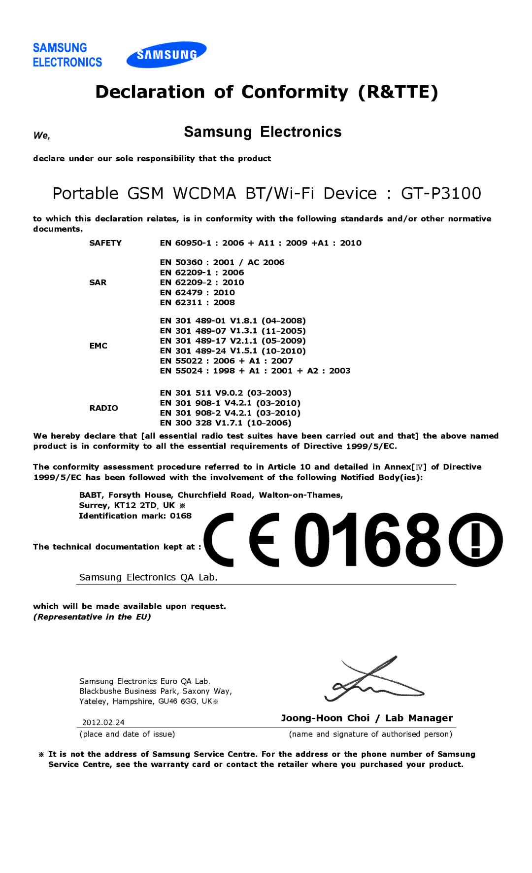 Samsung GT-P3100 user manual Declaration of Conformity R&TTE 