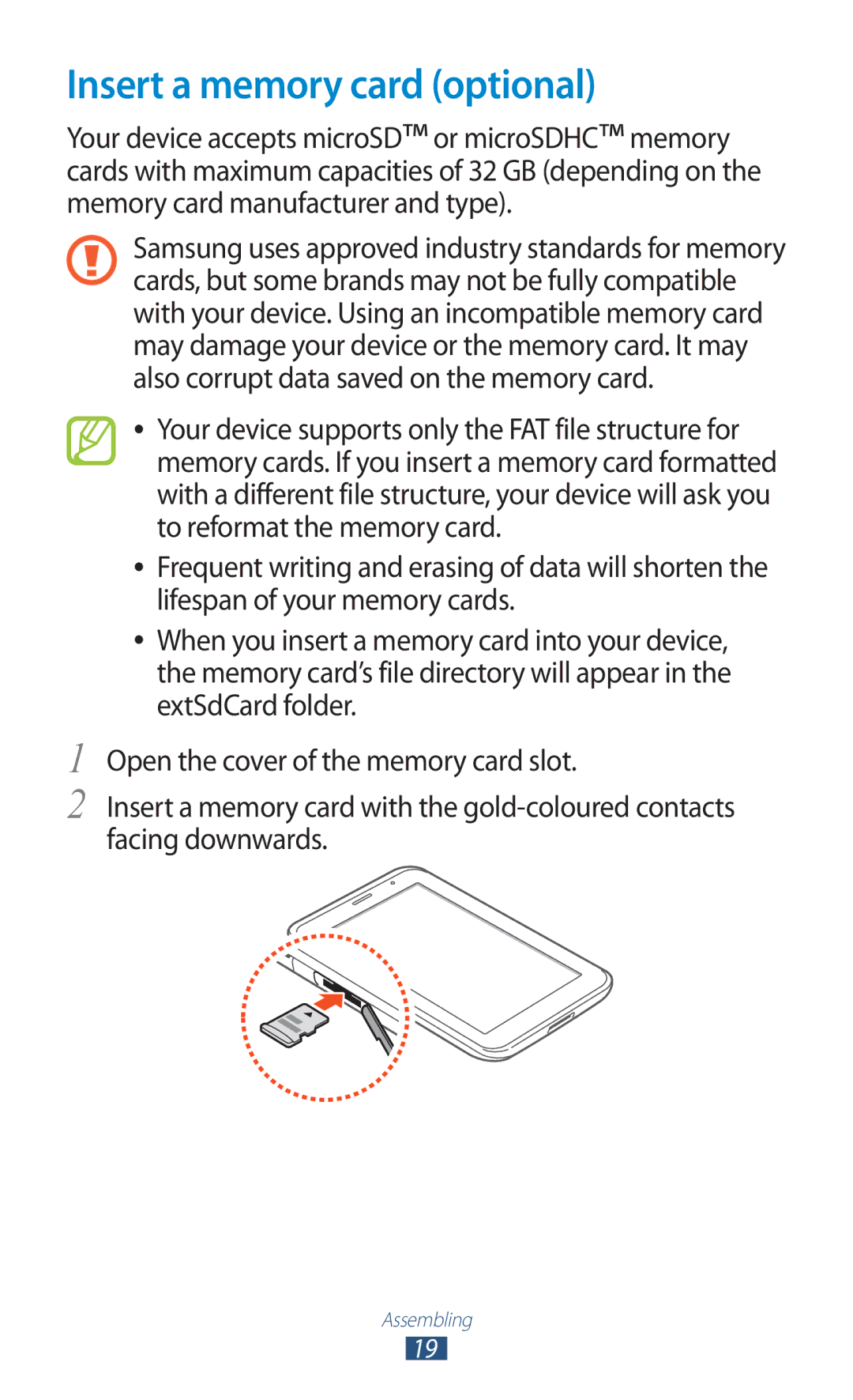 Samsung GT-P3100 user manual Insert a memory card optional 