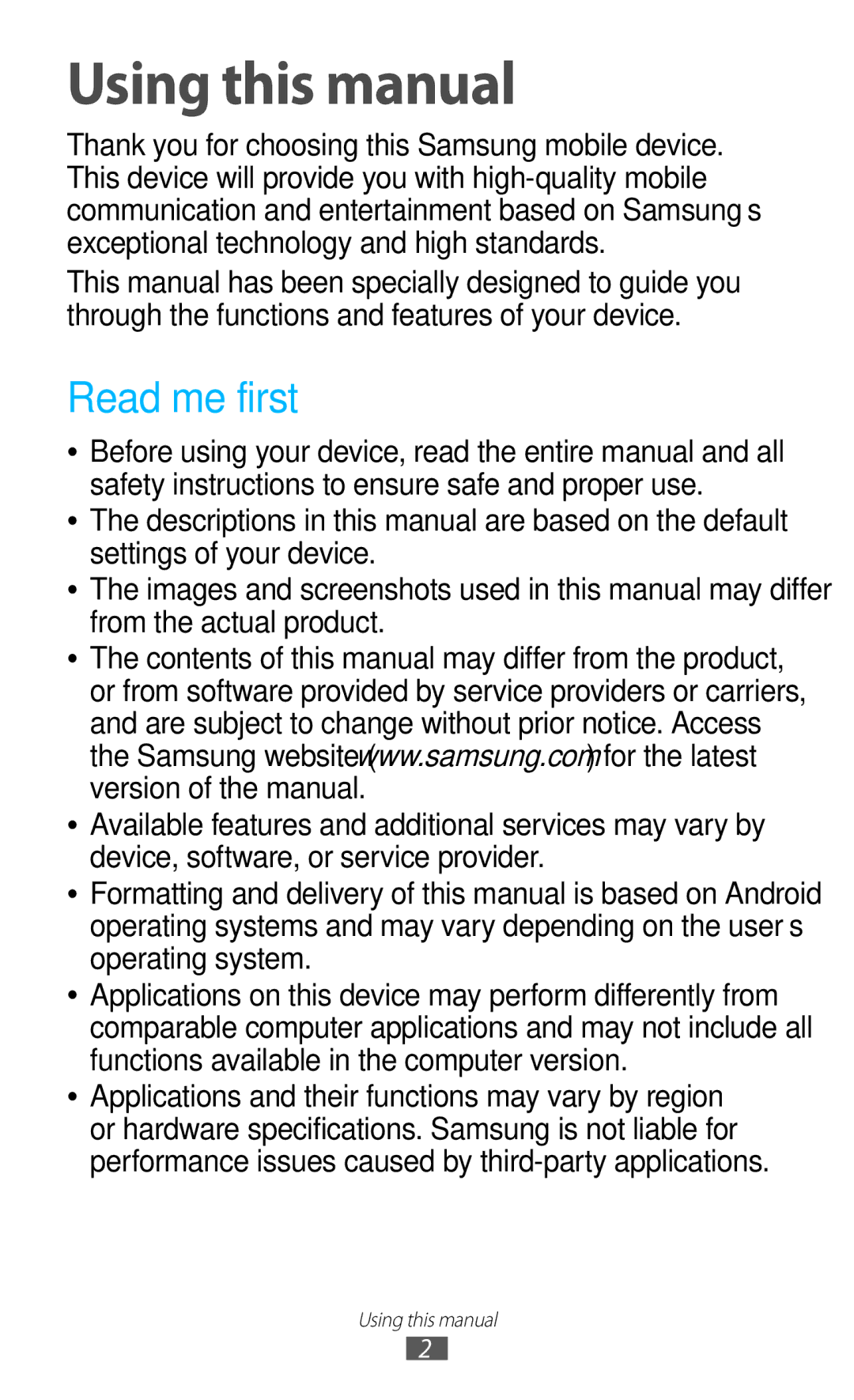 Samsung GT-P3100 user manual Using this manual, Read me first 