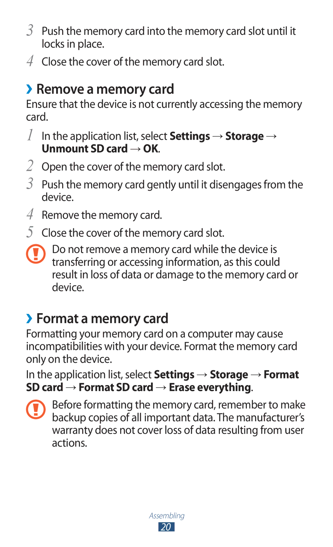 Samsung GT-P3100 user manual ››Remove a memory card, ››Format a memory card, Unmount SD card → OK 