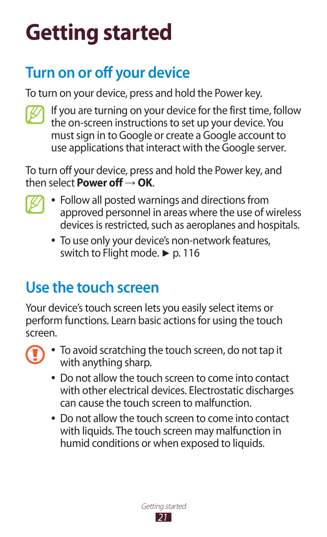 Samsung GT-P3100 Turn on or off your device, Use the touch screen, To turn on your device, press and hold the Power key 