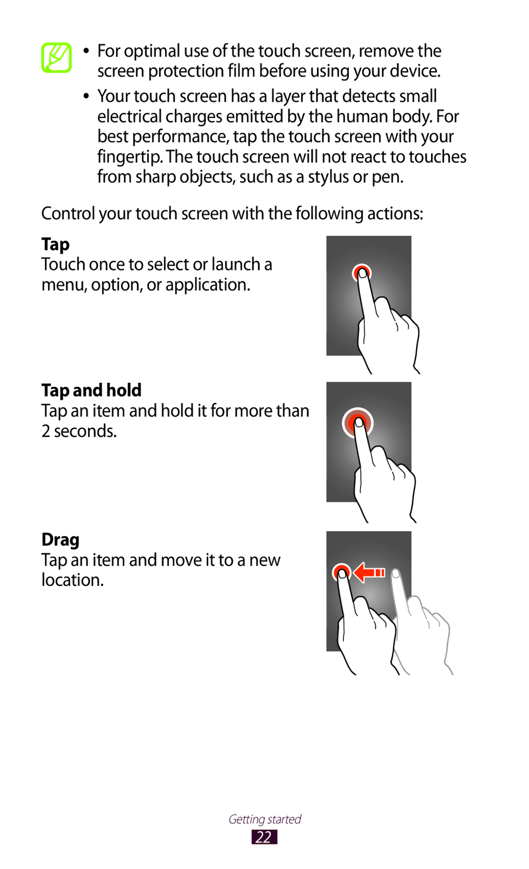 Samsung GT-P3100 user manual Tap and hold, Drag 