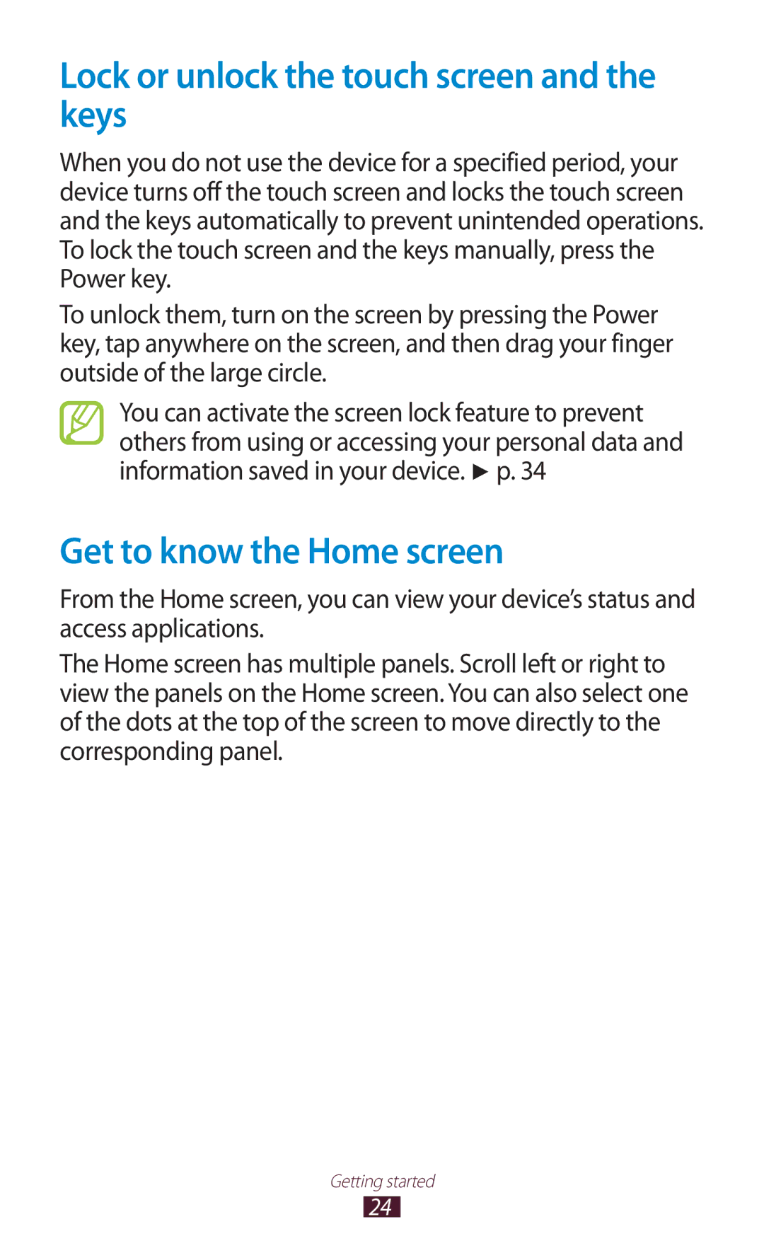 Samsung GT-P3100 user manual Lock or unlock the touch screen and the keys, Get to know the Home screen 