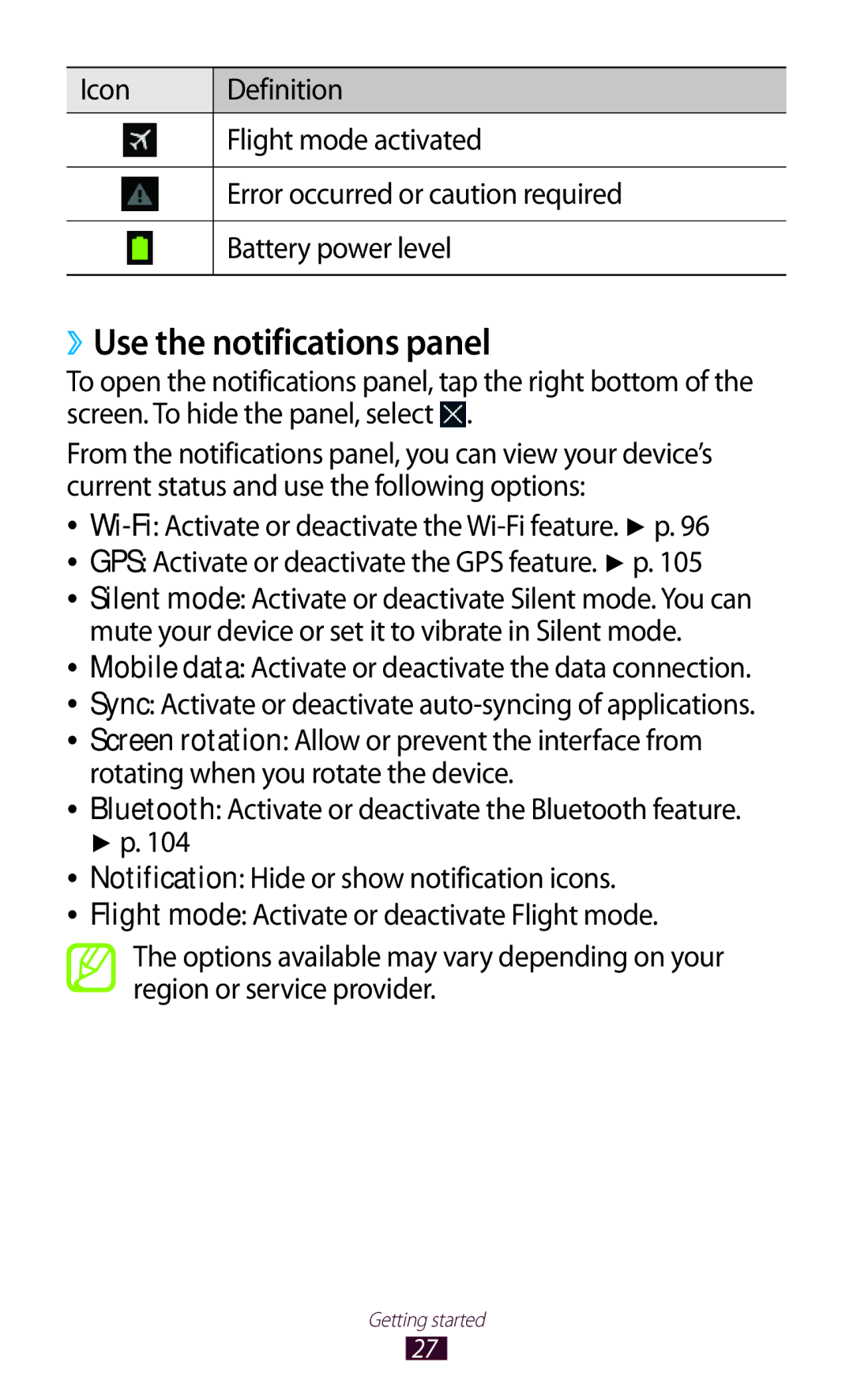 Samsung GT-P3100 user manual ››Use the notifications panel 