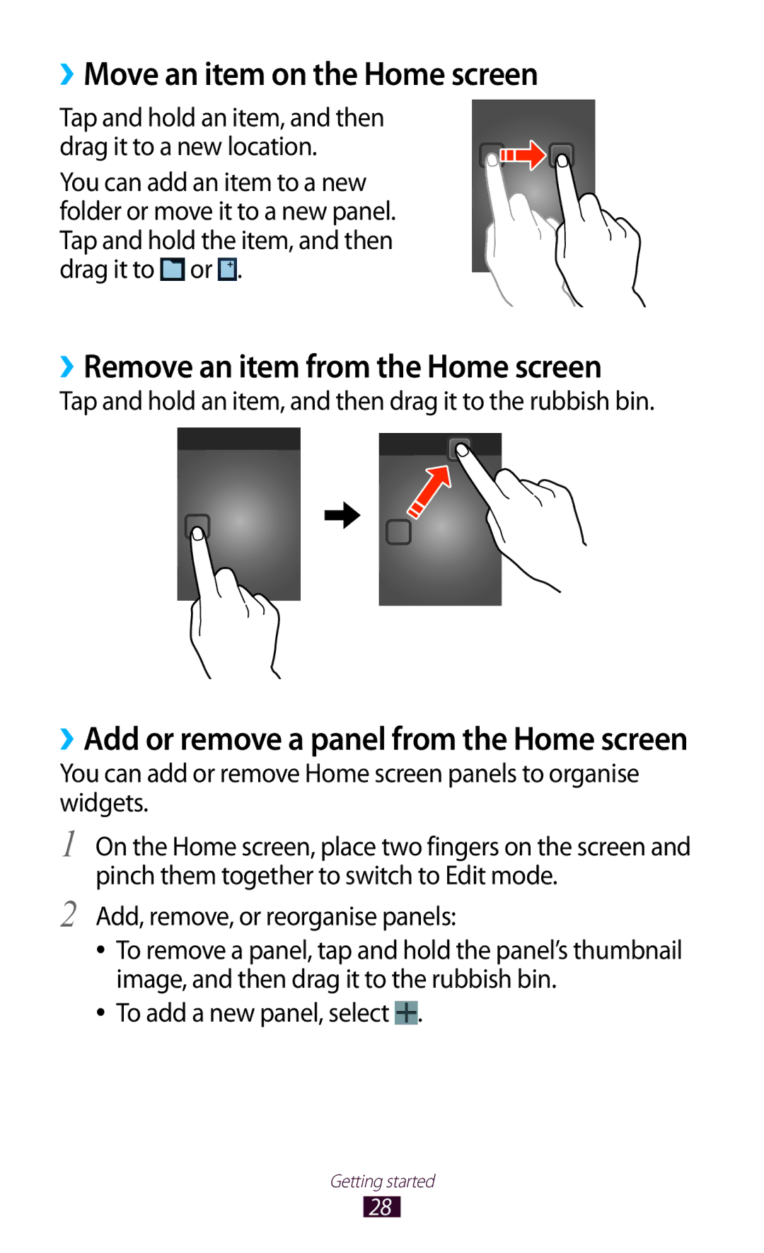 Samsung GT-P3100 ››Move an item on the Home screen, ››Remove an item from the Home screen, To add a new panel, select 