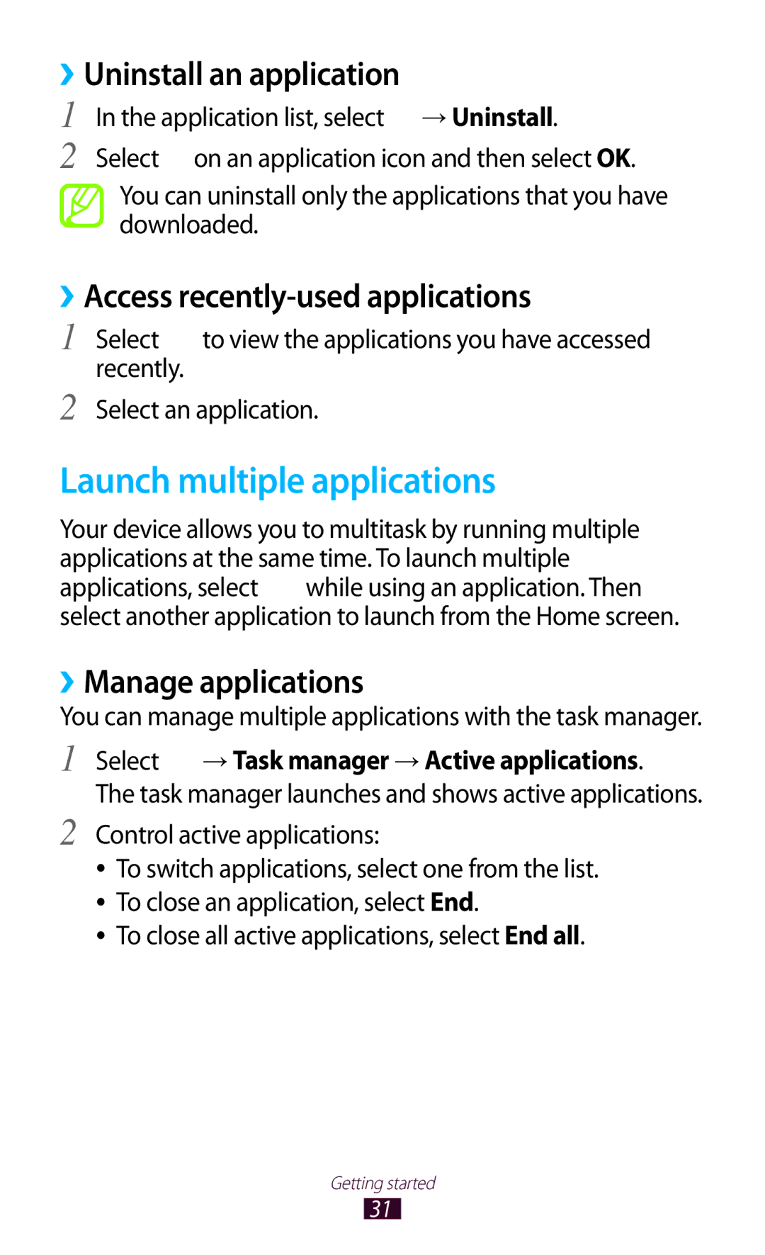 Samsung GT-P3100 user manual Launch multiple applications, ››Uninstall an application, ››Access recently-used applications 