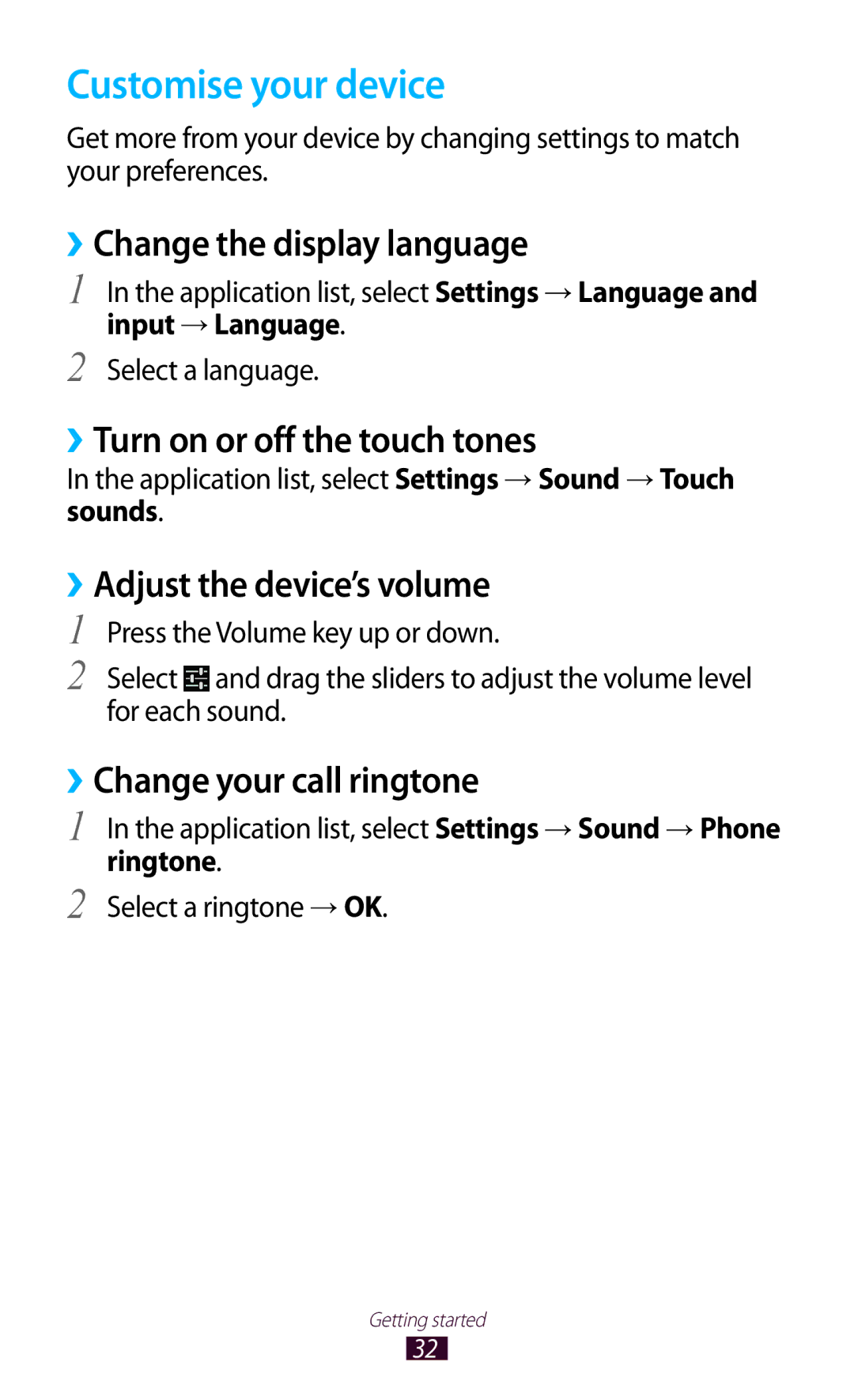 Samsung GT-P3100 user manual Customise your device, ››Change the display language, ››Turn on or off the touch tones 