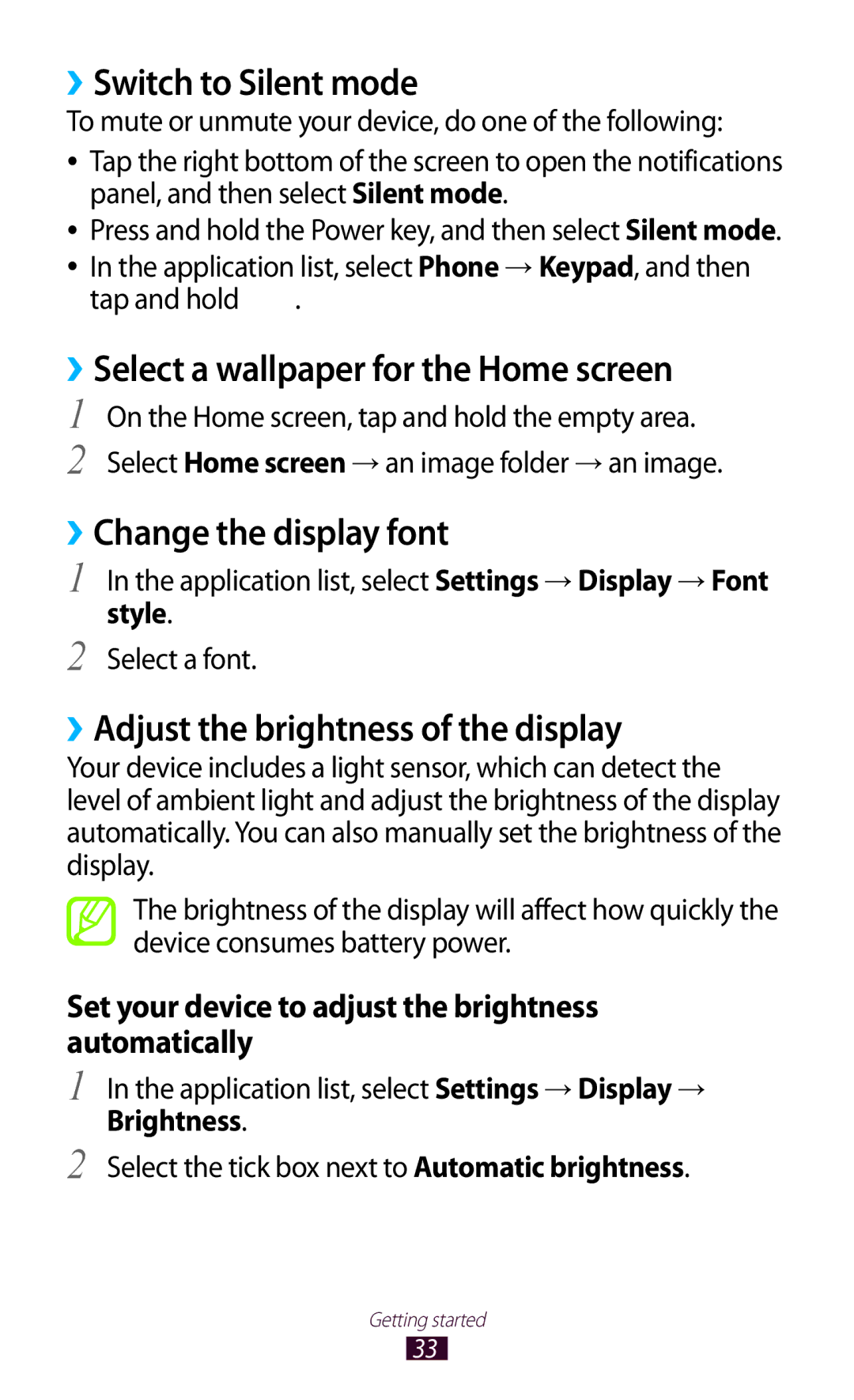 Samsung GT-P3100 ››Switch to Silent mode, ››Select a wallpaper for the Home screen, ››Change the display font, Style 