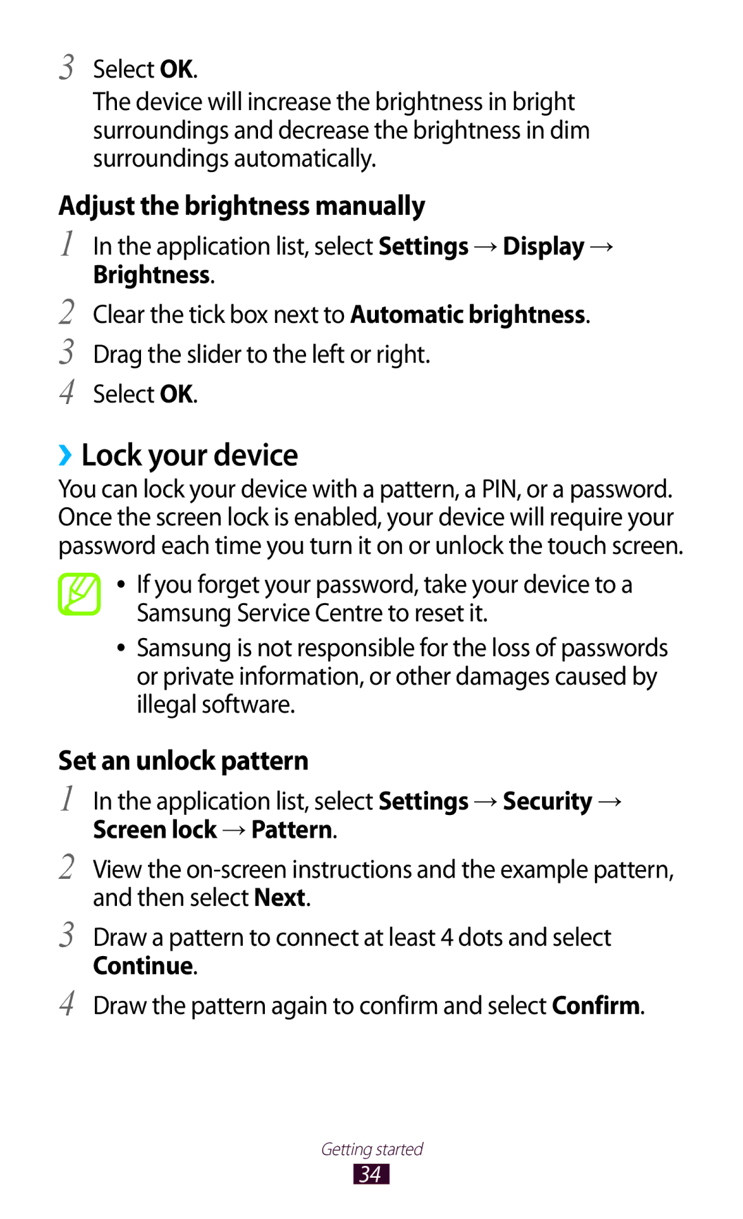 Samsung GT-P3100 user manual ››Lock your device, Application list, select Settings → Security →, Screen lock → Pattern 