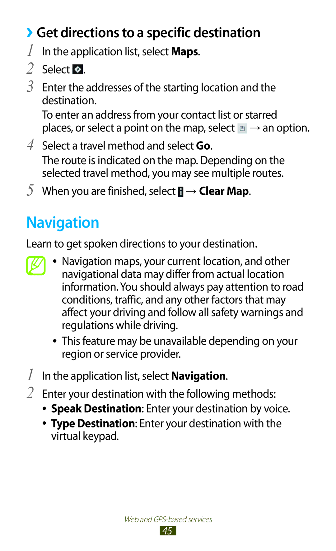 Samsung GT-P3100 user manual Navigation, ››Get directions to a specific destination, Select a travel method and select Go 