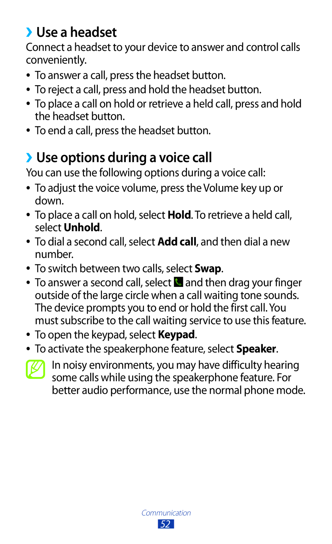 Samsung GT-P3100 user manual ››Use a headset, ››Use options during a voice call 