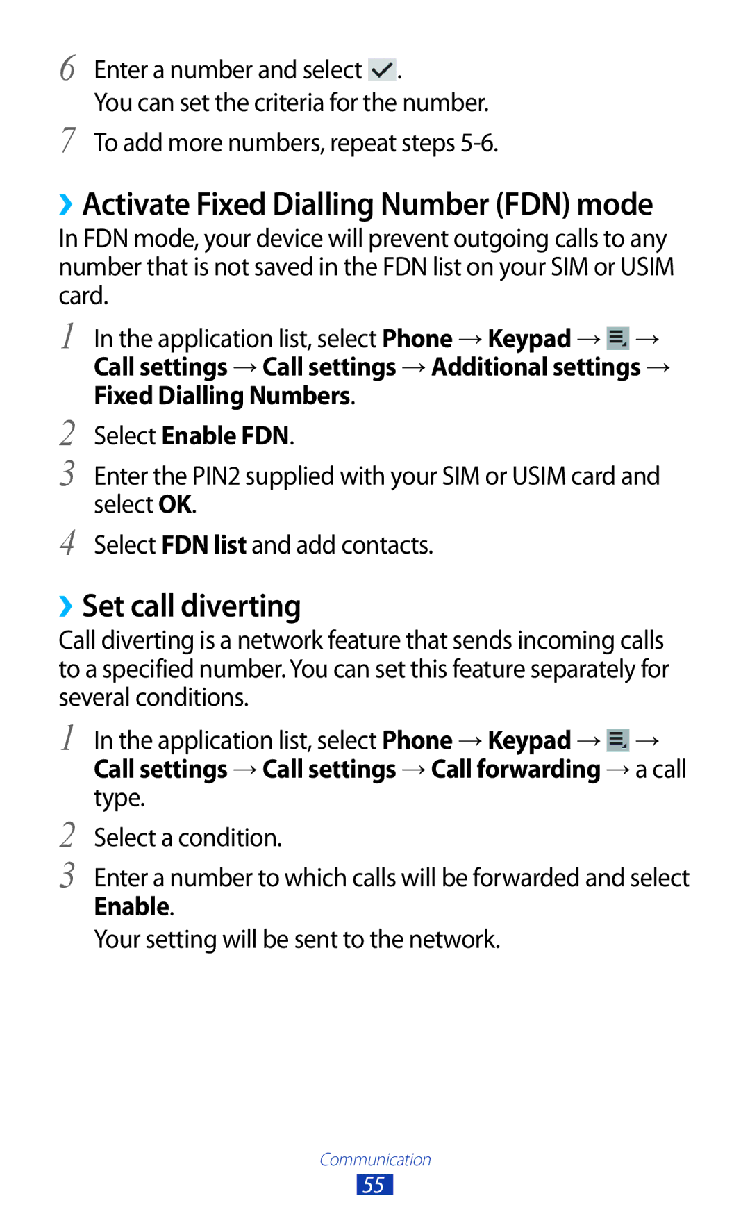 Samsung GT-P3100 user manual ››Set call diverting, Select Enable FDN 