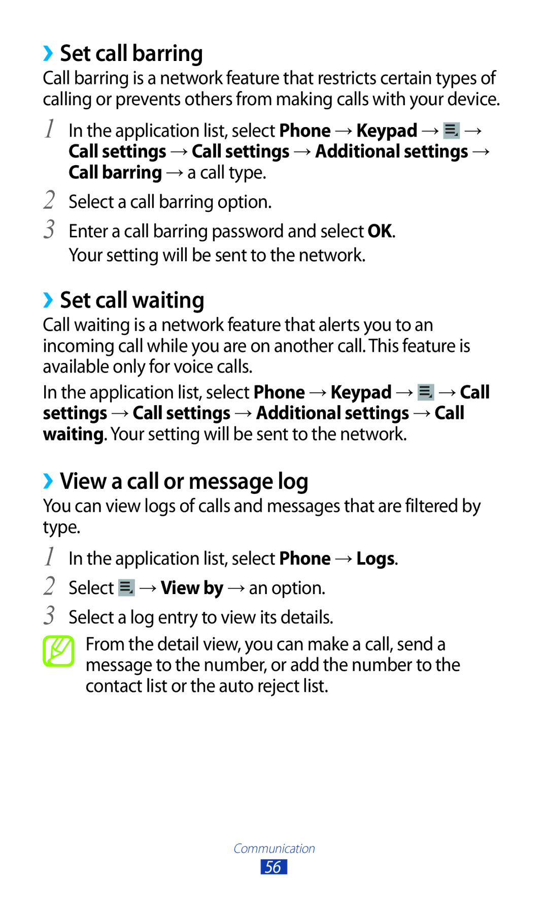 Samsung GT-P3100 user manual ››Set call barring, ››Set call waiting, ››View a call or message log 