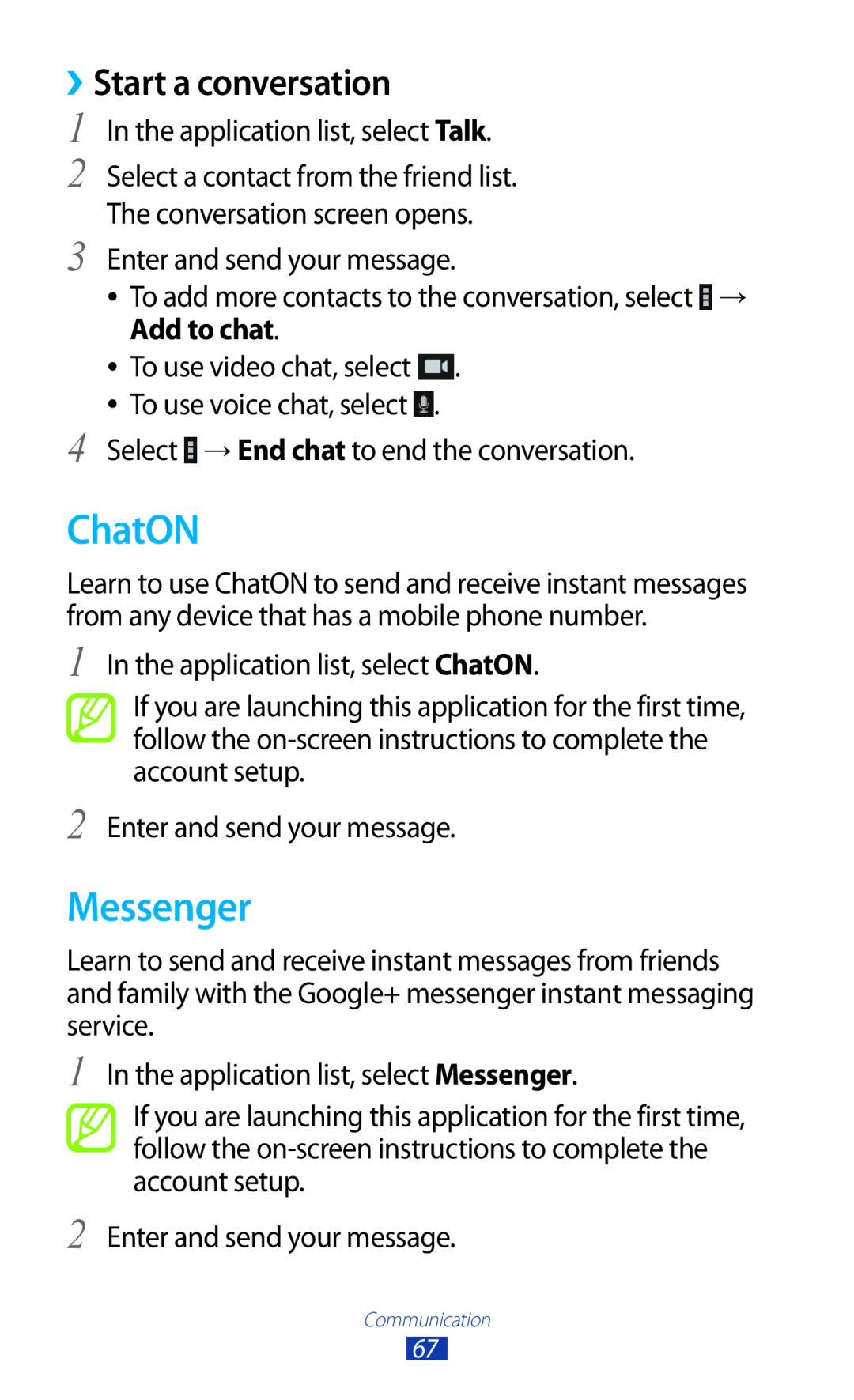 Samsung GT-P3100 user manual ChatON, Messenger, ››Start a conversation, Application list, select Talk 