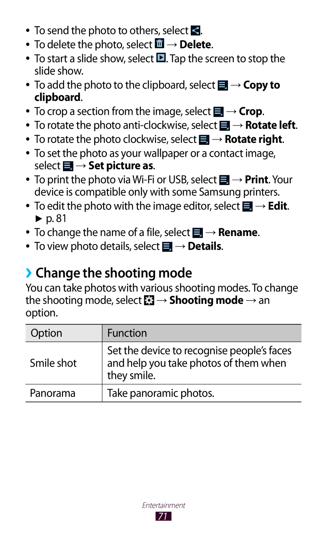 Samsung GT-P3100 user manual ››Change the shooting mode, → Copy to, Clipboard → Crop, Select → Set picture as 