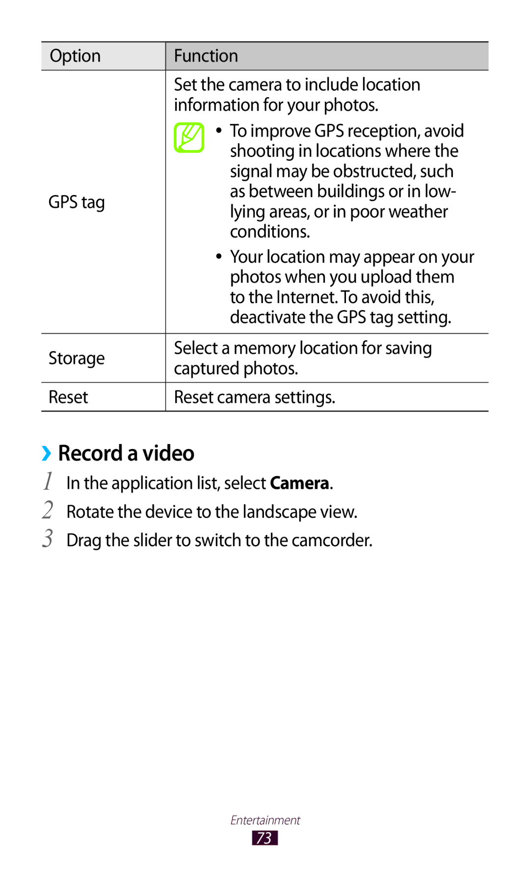 Samsung GT-P3100 user manual ››Record a video 