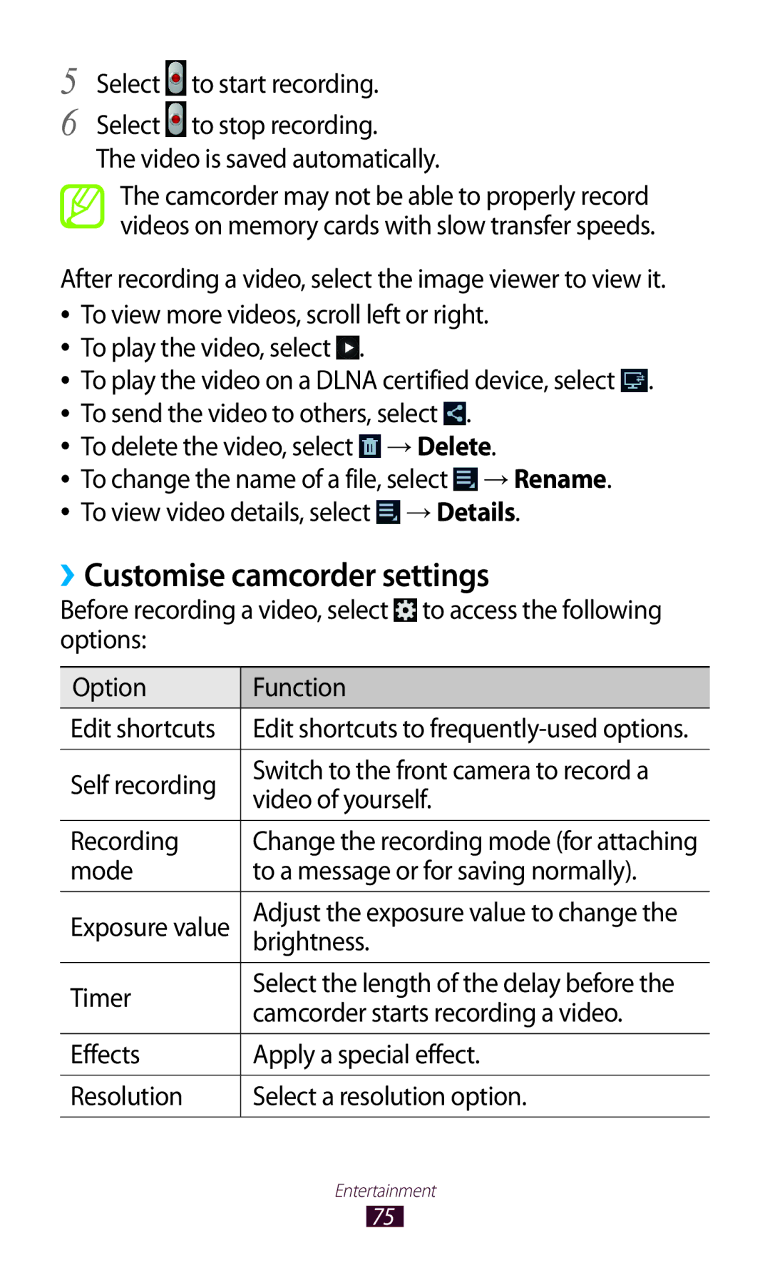 Samsung GT-P3100 user manual ››Customise camcorder settings, Mode To a message or for saving normally 