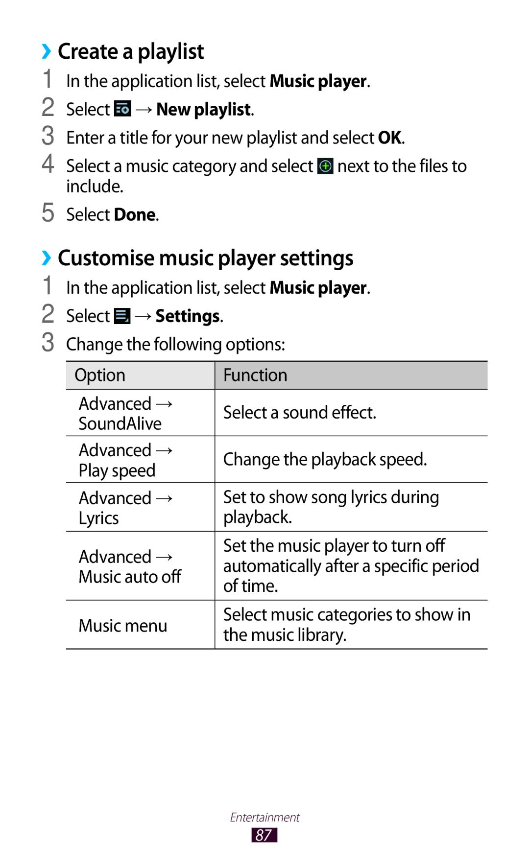 Samsung GT-P3100 user manual Create a playlist, ››Customise music player settings, Select → New playlist 