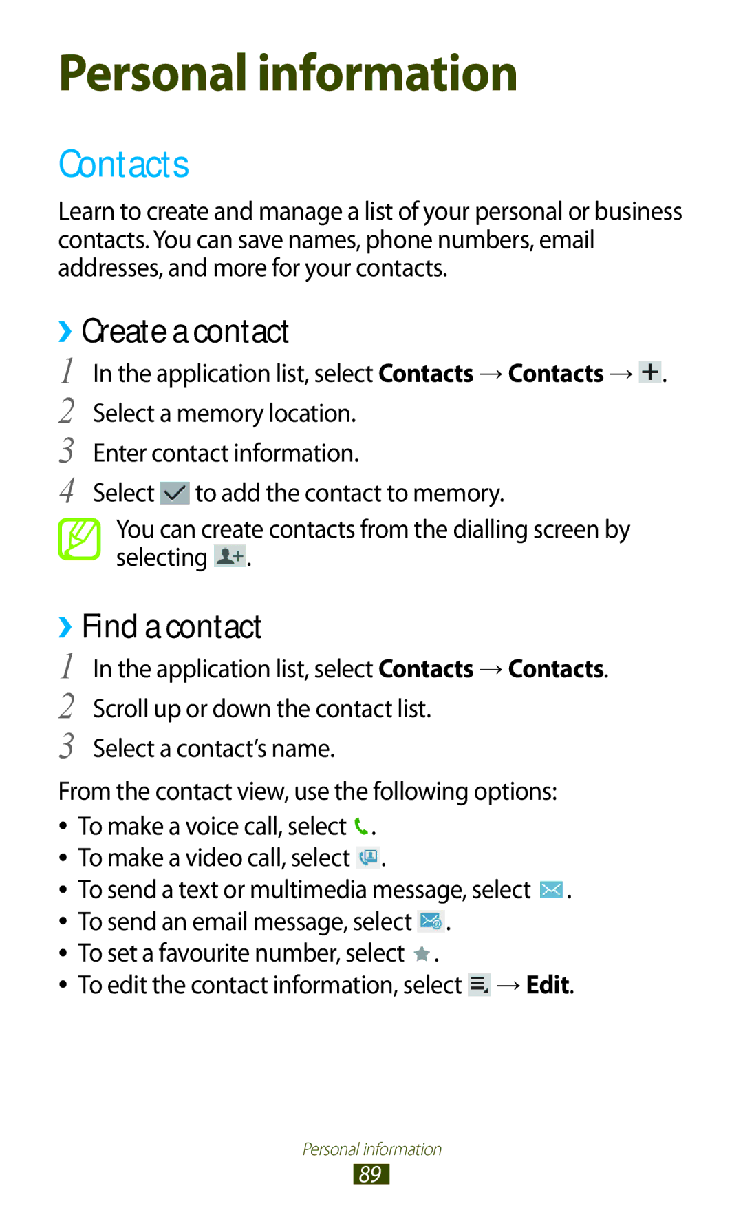 Samsung GT-P3100 user manual Contacts, ››Create a contact, ››Find a contact 