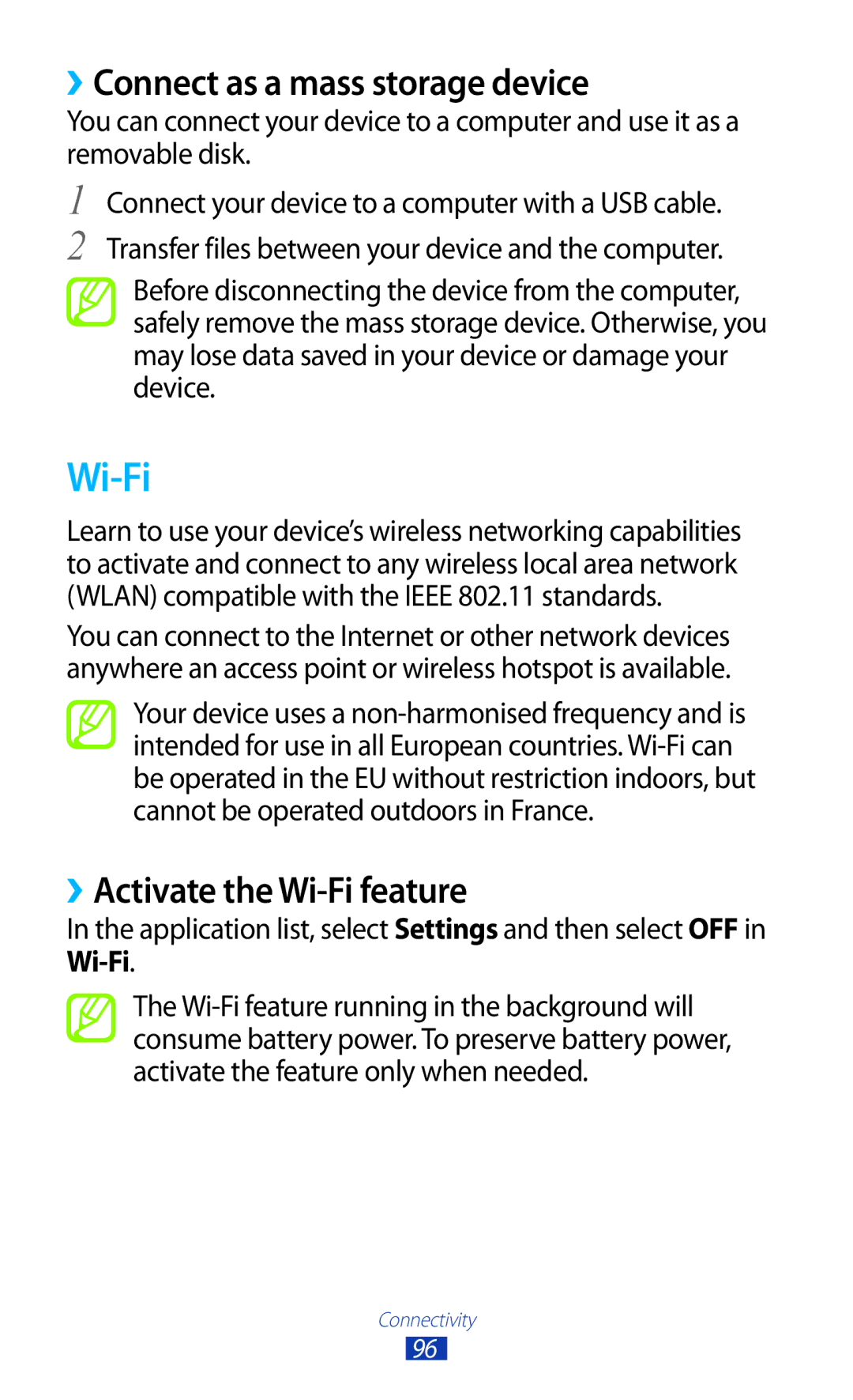 Samsung GT-P3100 user manual ››Connect as a mass storage device, ››Activate the Wi-Fi feature 