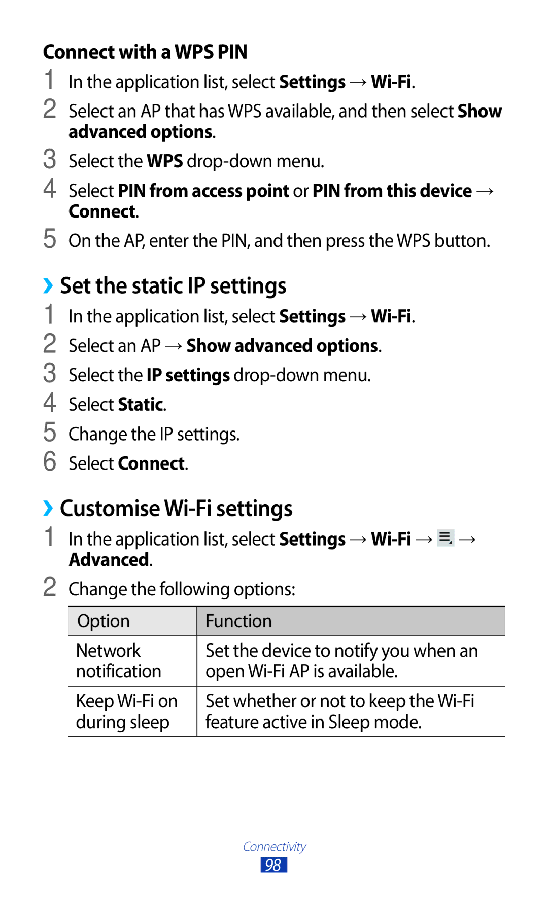 Samsung GT-P3100 user manual ››Set the static IP settings, ››Customise Wi-Fi settings, Select the WPS drop-down menu 