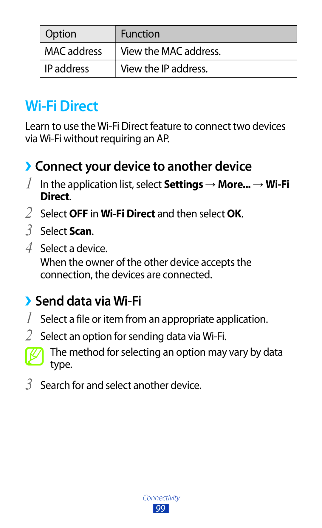 Samsung GT-P3100 user manual Wi-Fi Direct, ››Connect your device to another device, ››Send data via Wi-Fi 