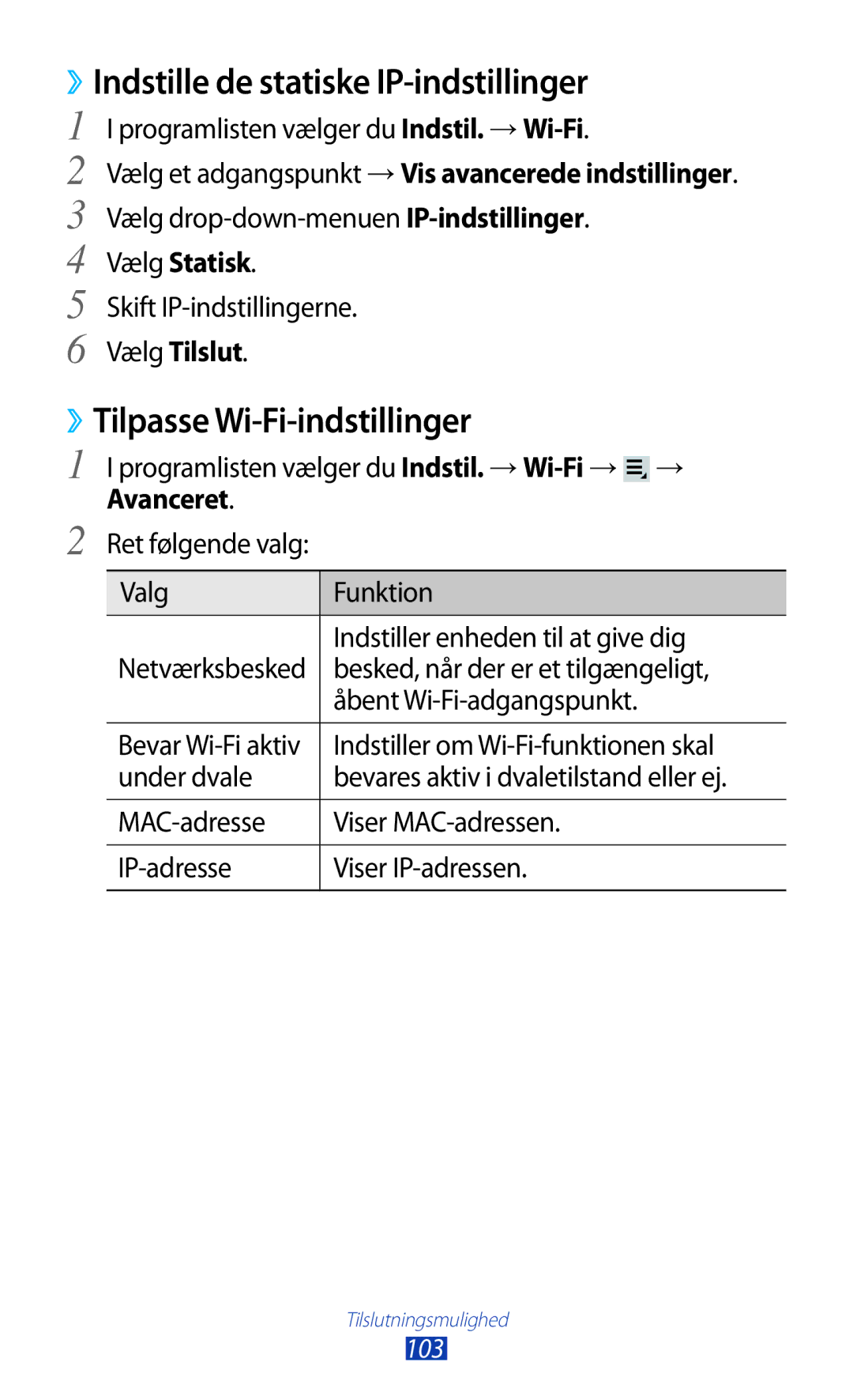 Samsung GT-P3100ZWANEE manual ››Indstille de statiske IP-indstillinger, ››Tilpasse Wi-Fi-indstillinger, Vælg Statisk 