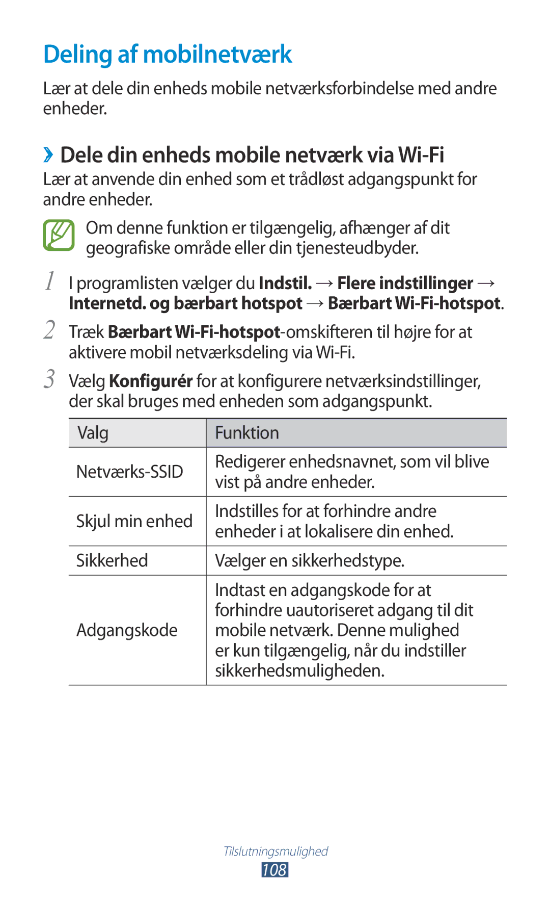 Samsung GT-P3100TSANEE, GT-P3100ZWANEE, GT-P3100GRANEE Deling af mobilnetværk, ››Dele din enheds mobile netværk via Wi-Fi 