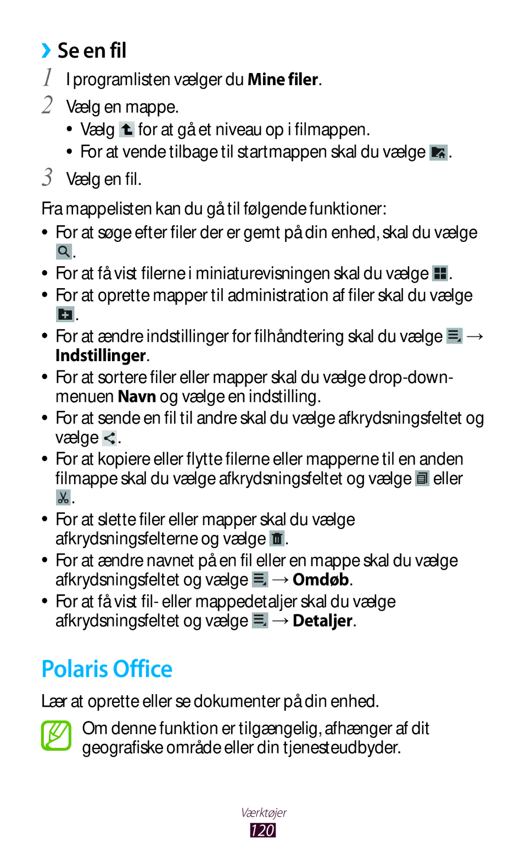 Samsung GT-P3100TSANEE, GT-P3100ZWANEE manual Polaris Office, For at få vist filerne i miniaturevisningen skal du vælge 