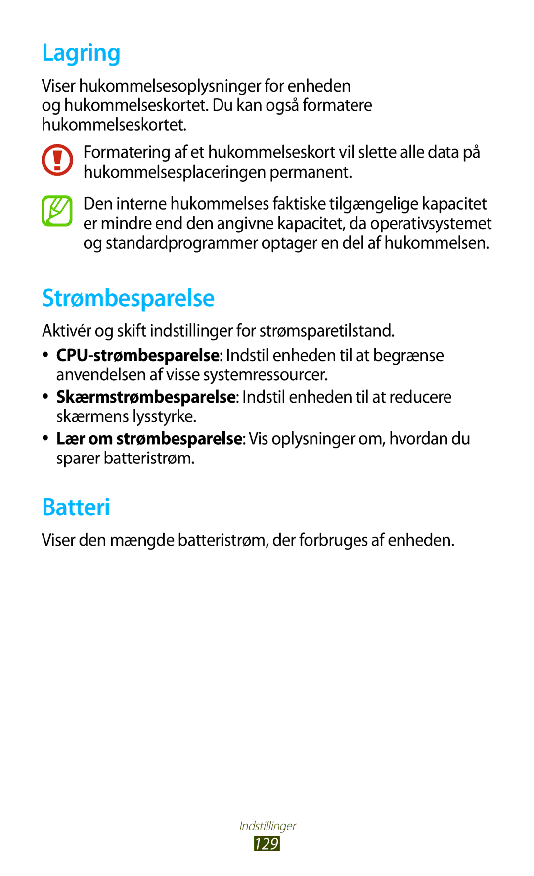 Samsung GT-P3100TSANEE manual Lagring, Strømbesparelse, Batteri, Aktivér og skift indstillinger for strømsparetilstand 