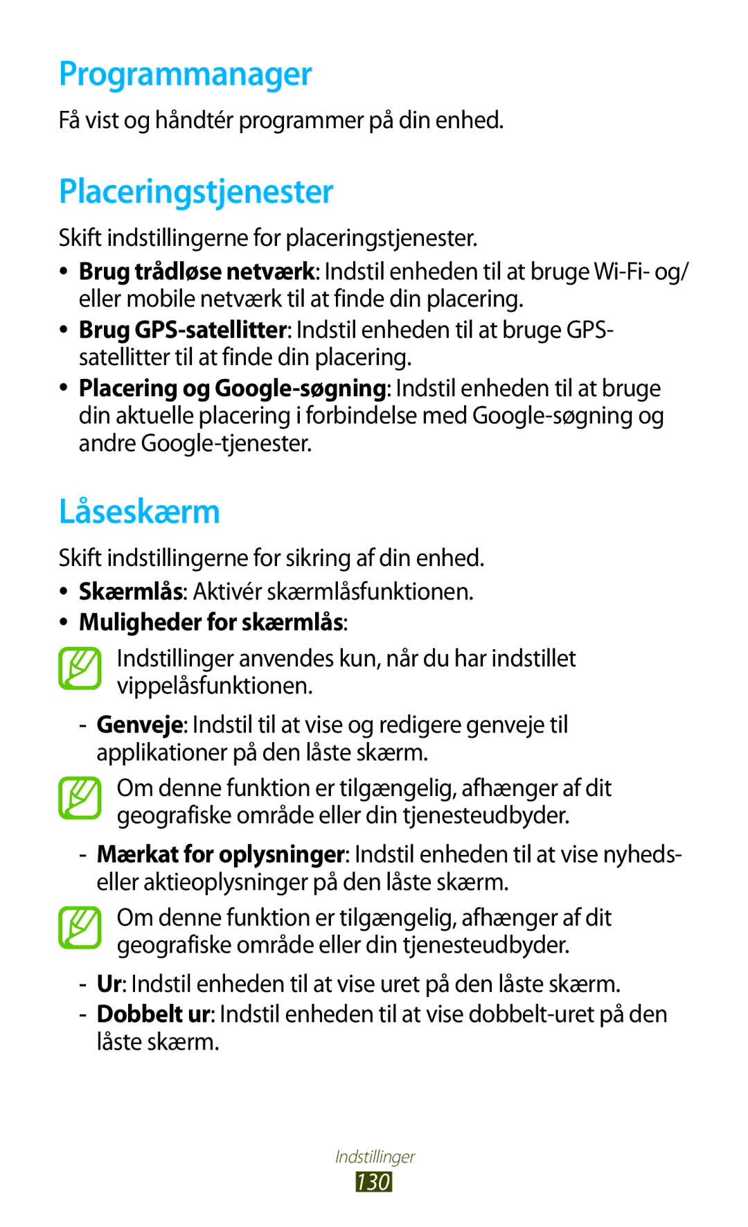 Samsung GT-P3100ZWANEE, GT-P3100TSANEE, GT-P3100GRANEE manual Programmanager, Placeringstjenester, Låseskærm 