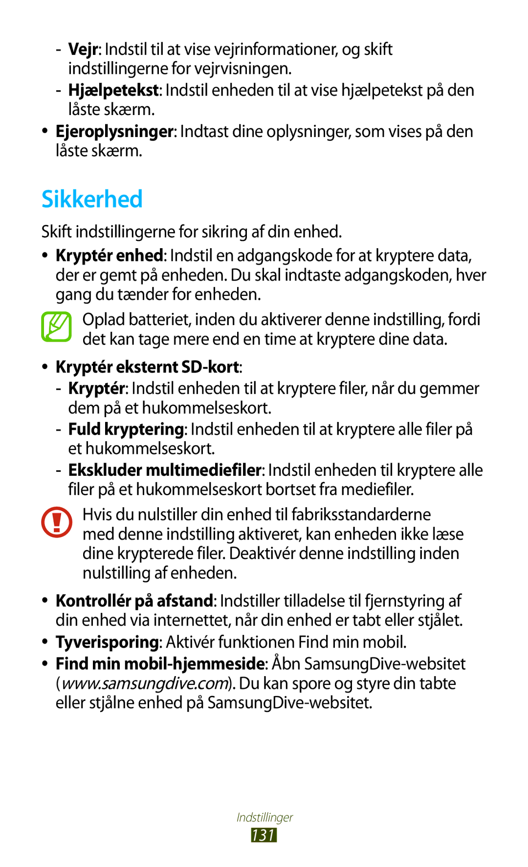 Samsung GT-P3100GRANEE manual Sikkerhed, Kryptér eksternt SD-kort, Tyverisporing Aktivér funktionen Find min mobil 