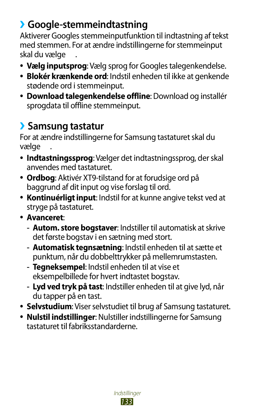 Samsung GT-P3100ZWANEE, GT-P3100TSANEE, GT-P3100GRANEE manual ››Google-stemmeindtastning, ››Samsung tastatur, Avanceret 