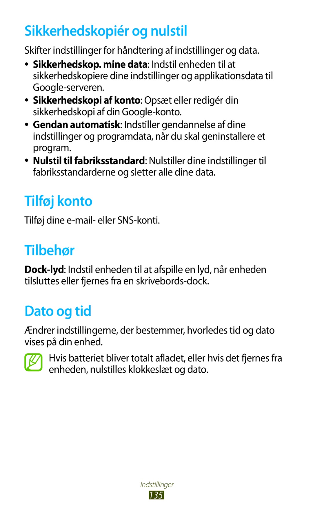 Samsung GT-P3100TSANEE, GT-P3100ZWANEE, GT-P3100GRANEE Sikkerhedskopiér og nulstil, Tilføj konto, Tilbehør, Dato og tid 