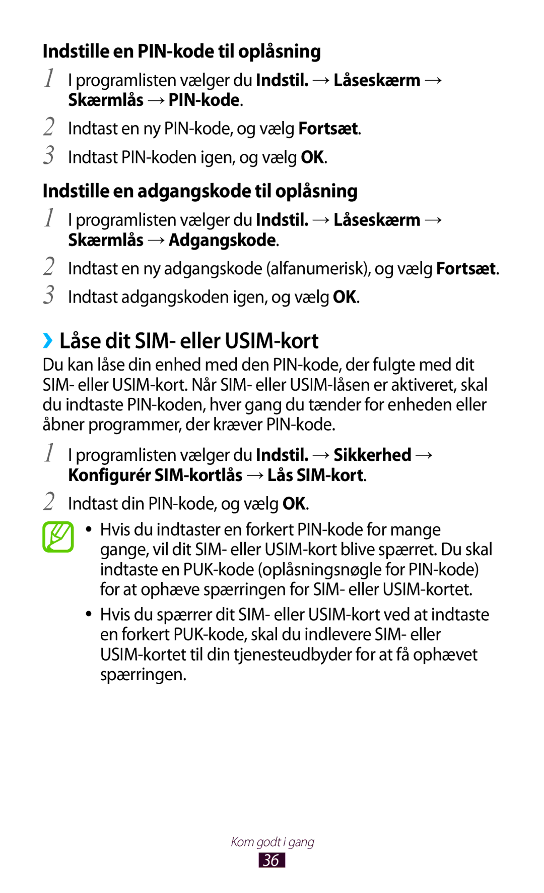 Samsung GT-P3100TSANEE, GT-P3100ZWANEE manual ››Låse dit SIM- eller USIM-kort, Skærmlås →PIN-kode, Skærmlås →Adgangskode 